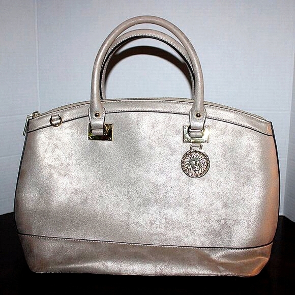 Anne Klein Handbags - Anne Klein Metallic Satchel Handbag - Silver/Gray - Polka Dot Lining - Lion Logo